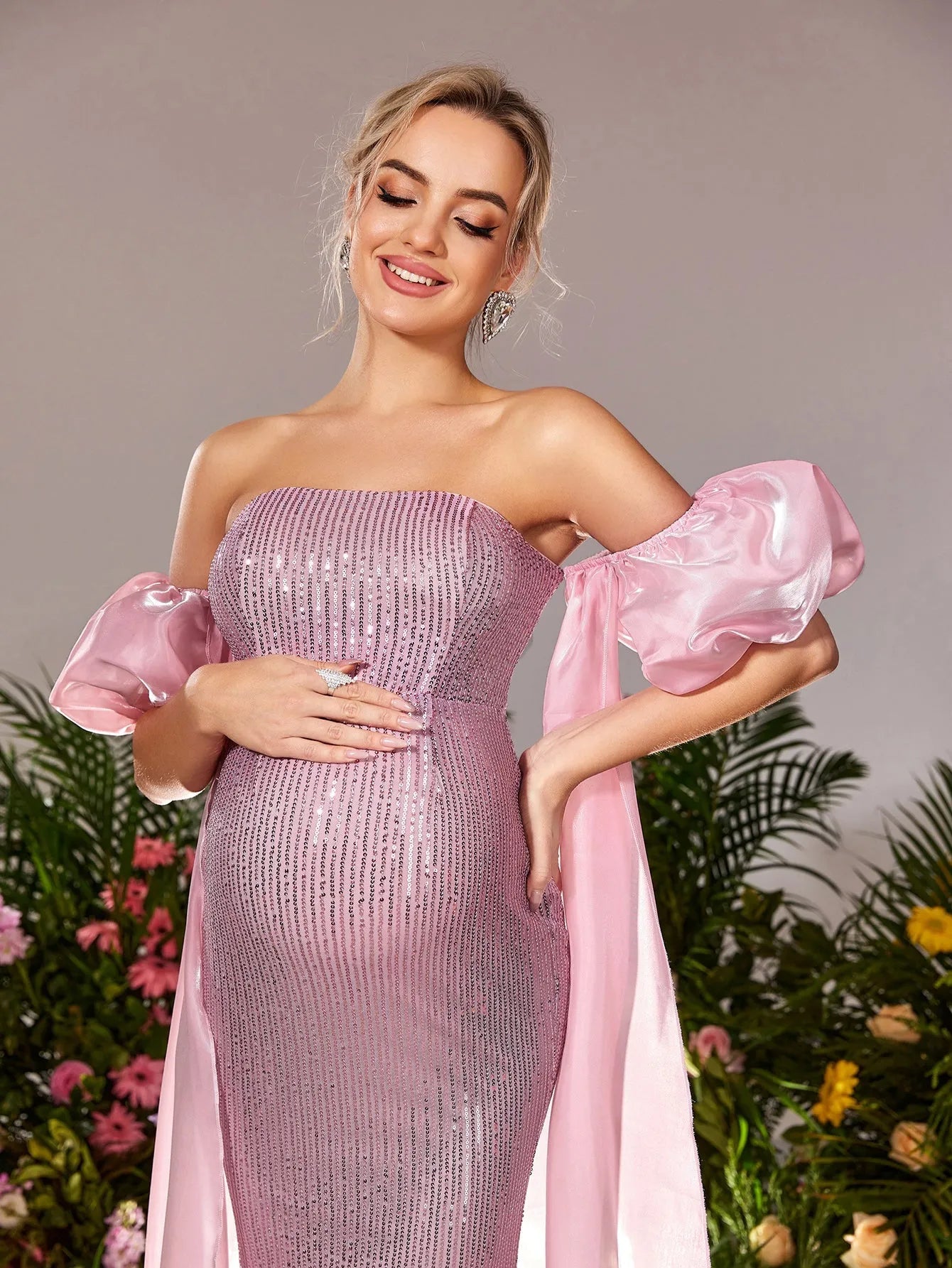 Maternity Strapless Mermaid Hem Sequin Evening Dress