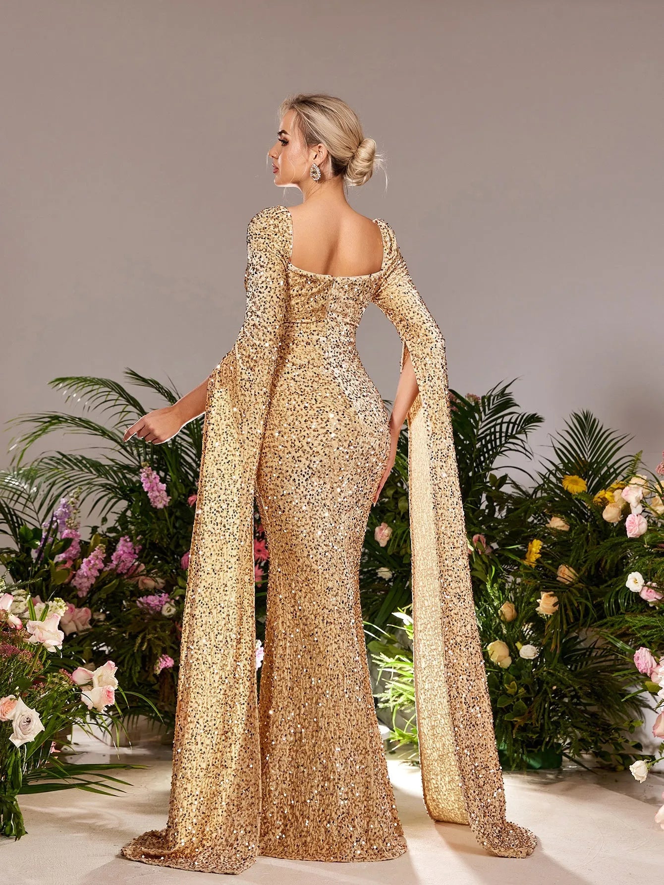 Maternity Sweetheart Neck Extra-Long Sleeves Mermaid Hem Sequin Evening Dress