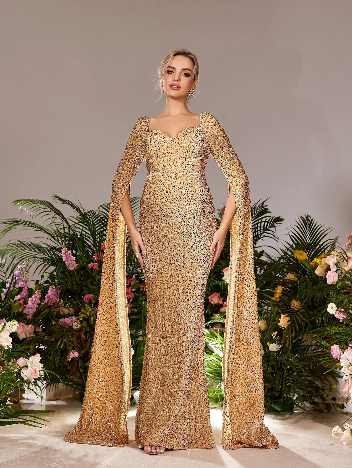 Maternity Sweetheart Neck Extra-Long Sleeves Mermaid Hem Sequin Evening Dress