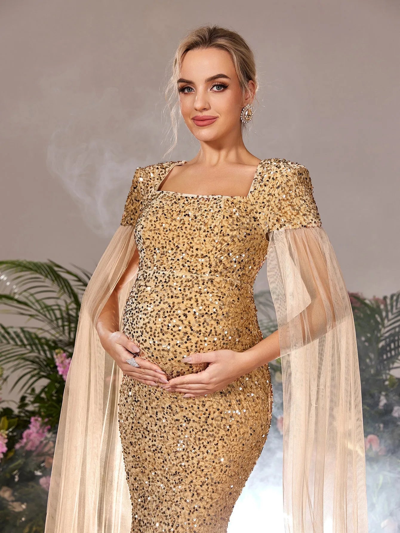 Maternity Square Neck Cape Sleeves Mermaid Hem Sequin Evening Dress