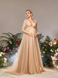 Maternity Plunging Neck Long Sleeves Contrast Mesh Evening Dress