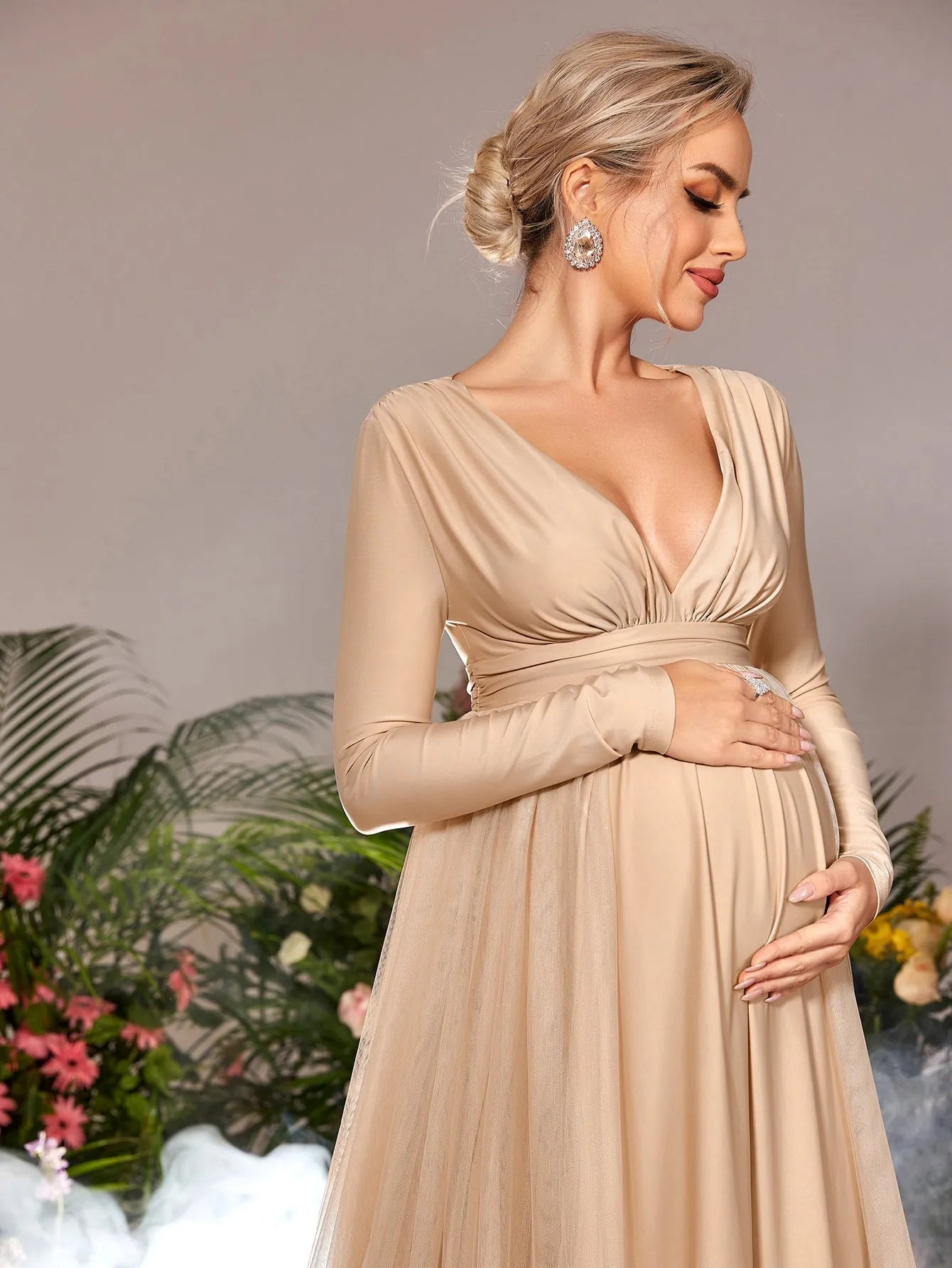 Maternity Plunging Neck Long Sleeves Contrast Mesh Evening Dress