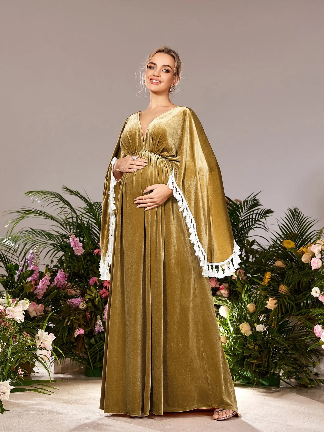 Maternity Backless Cape Sleeves Velvet Party Dress