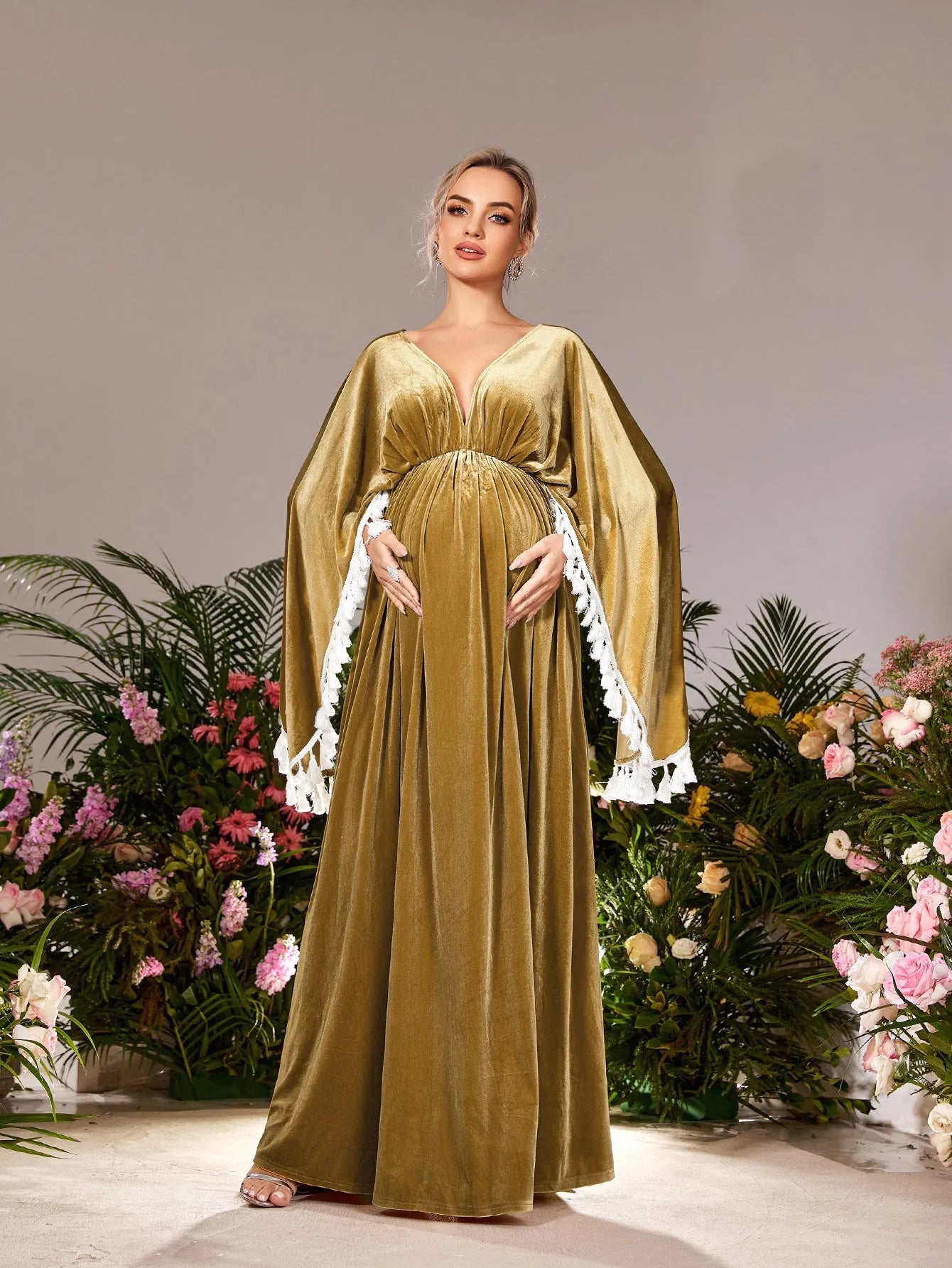 Maternity Backless Cape Sleeves Velvet Party Dress