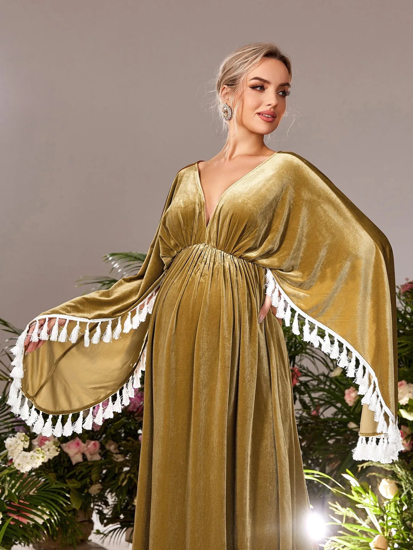 Maternity Backless Cape Sleeves Velvet Party Dress