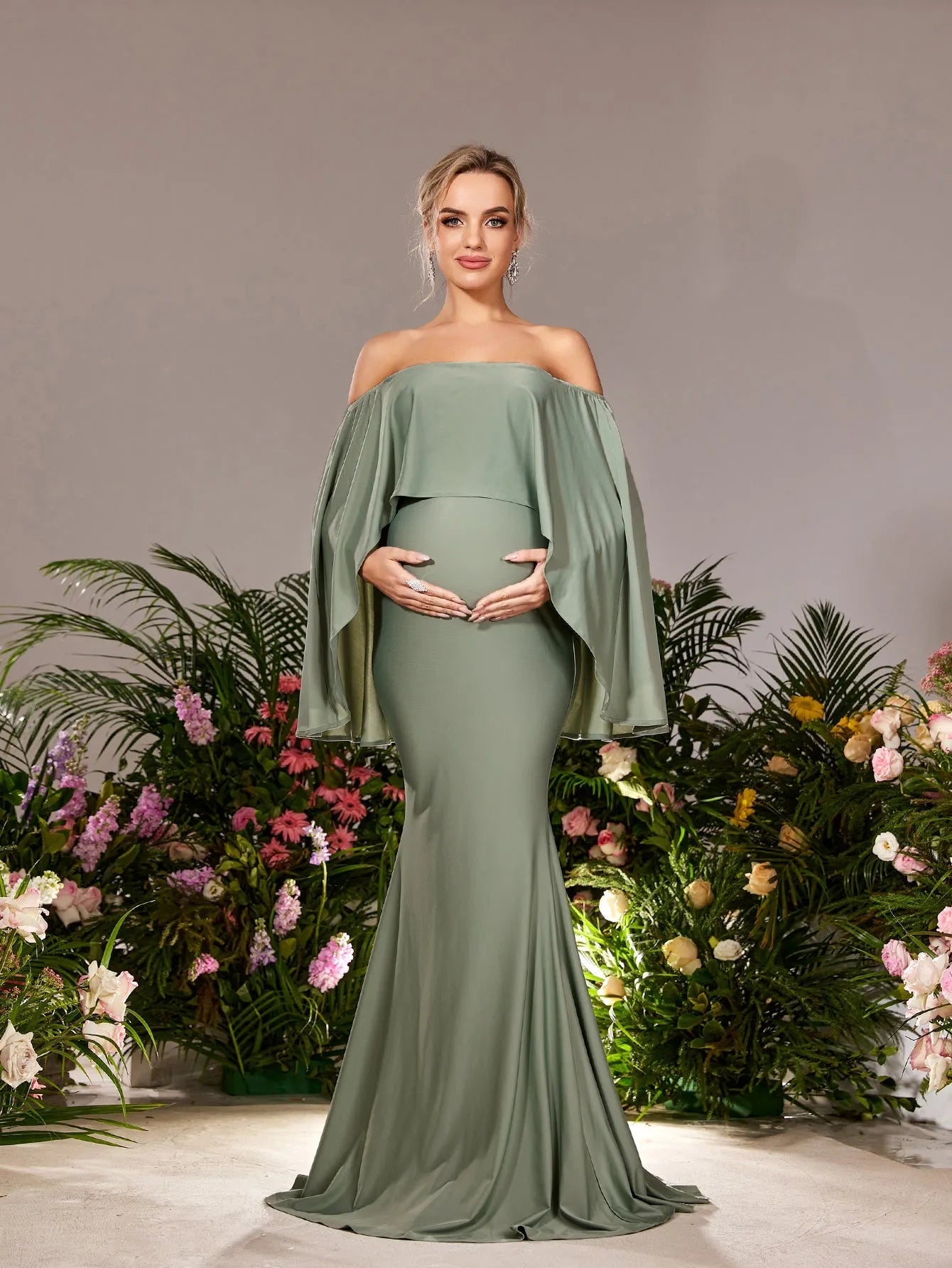 Maternity Off Shoulder Cape Sleeves Mermaid Hem Evening Dress