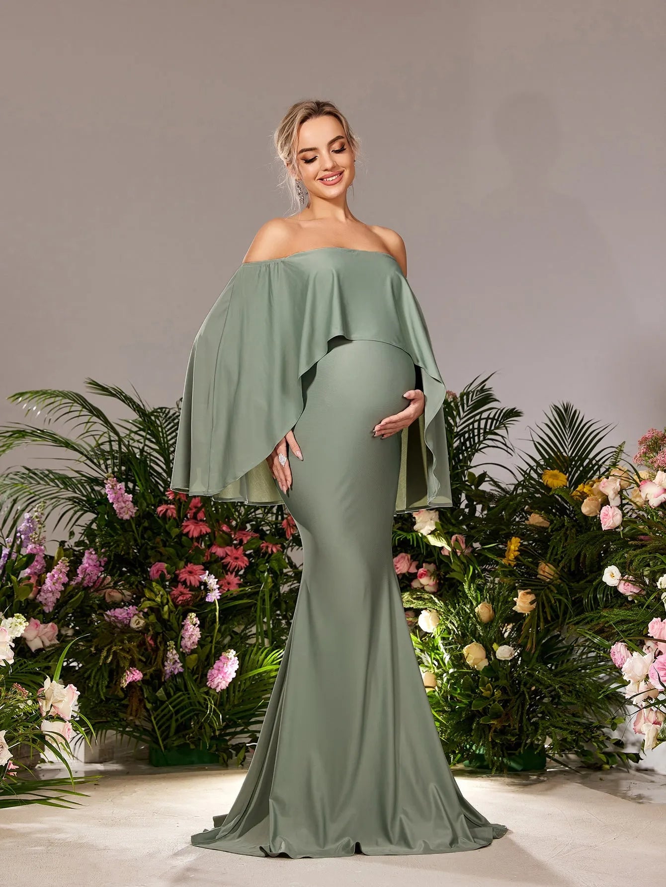 Maternity Off Shoulder Cape Sleeves Mermaid Hem Evening Dress