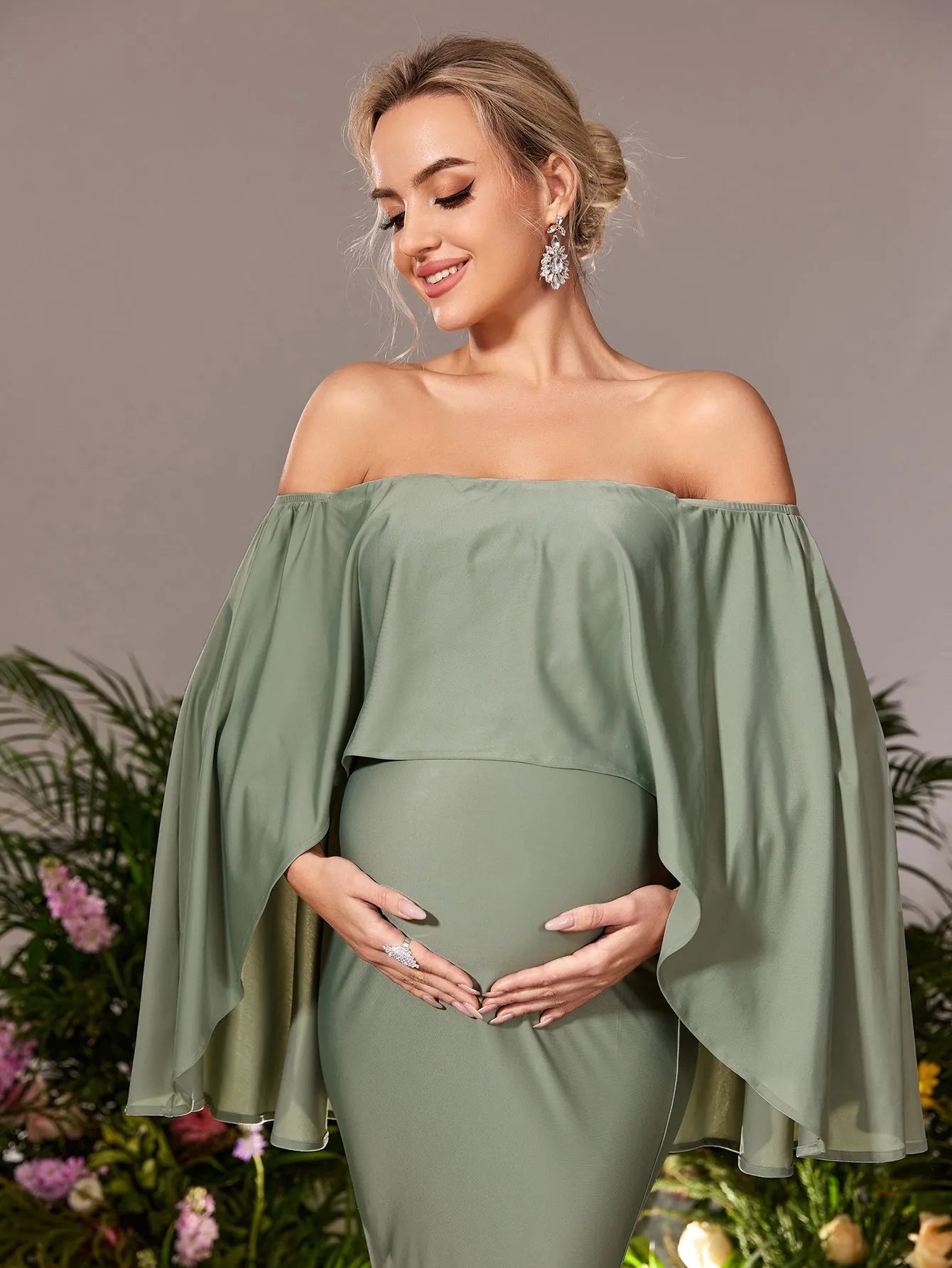 Maternity Off Shoulder Cape Sleeves Mermaid Hem Evening Dress