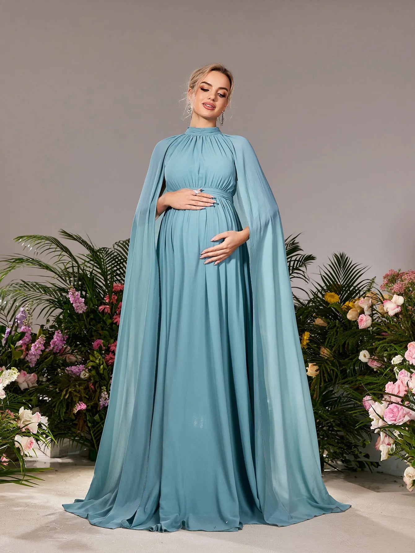 Maternity Mock Neck Cape Sleeves Chiffon Evening Dress