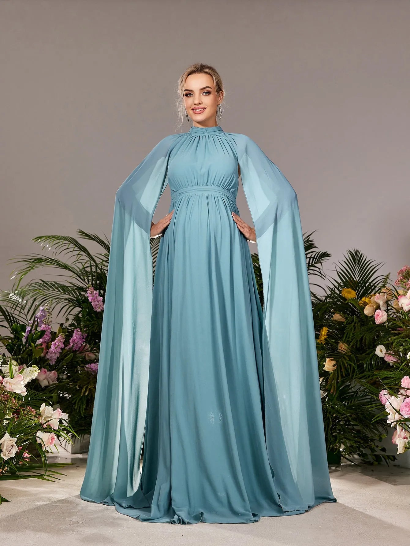 Maternity Mock Neck Cape Sleeves Chiffon Evening Dress