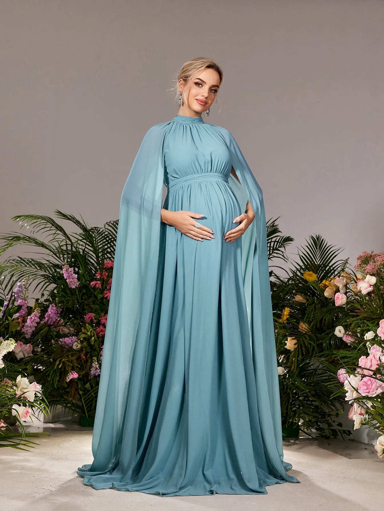 Maternity Mock Neck Cape Sleeves Chiffon Evening Dress