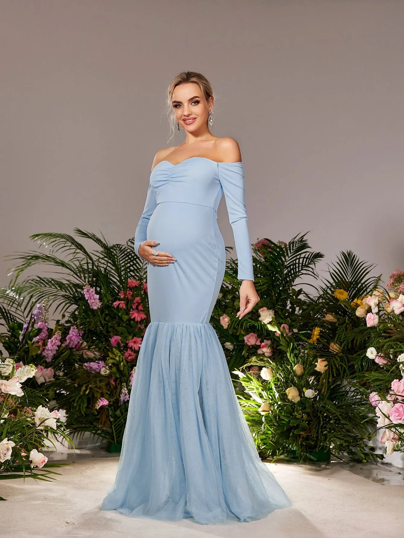 Maternity Off Shoulder Mesh Mermaid Hem Evening Dress