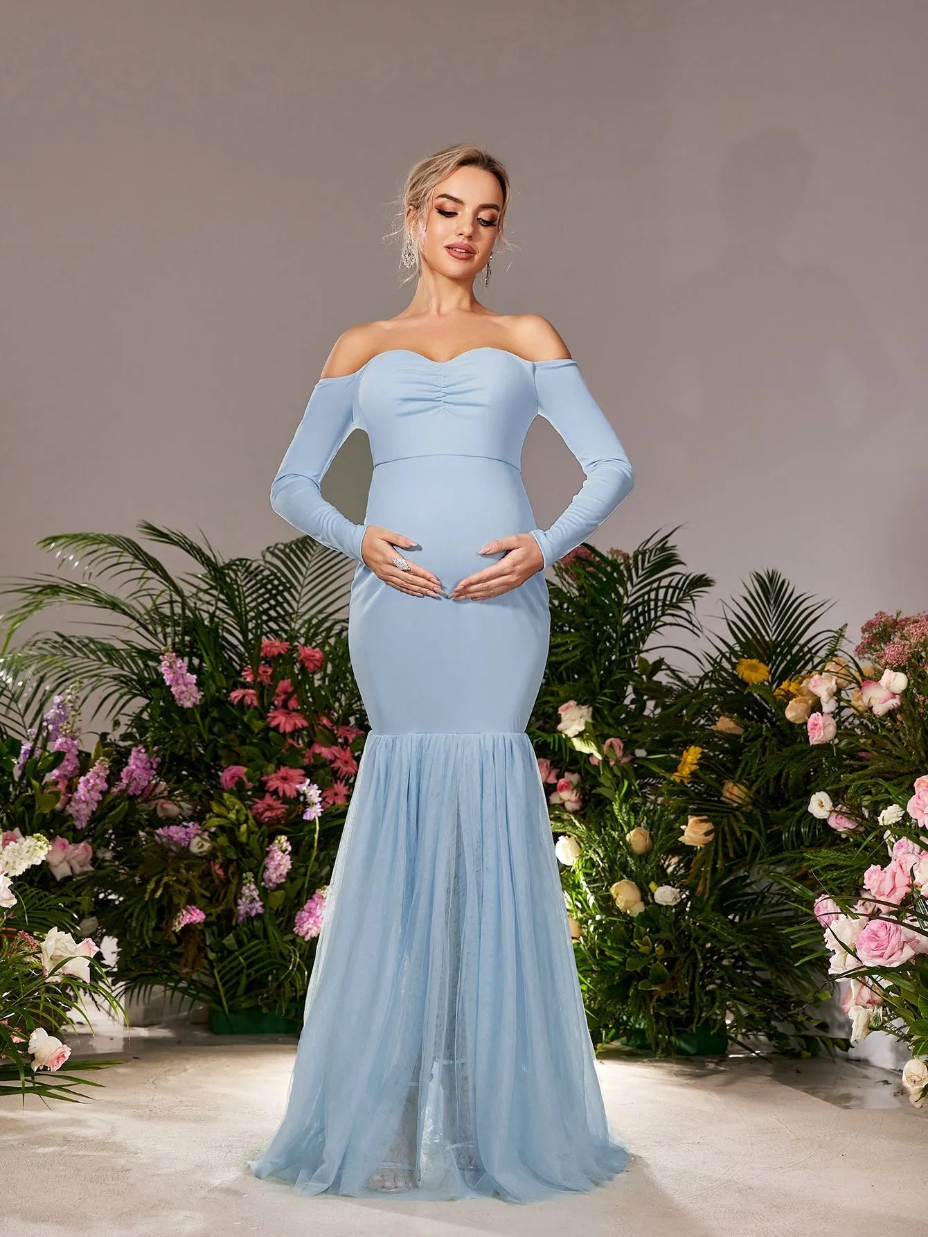 Maternity Off Shoulder Mesh Mermaid Hem Evening Dress