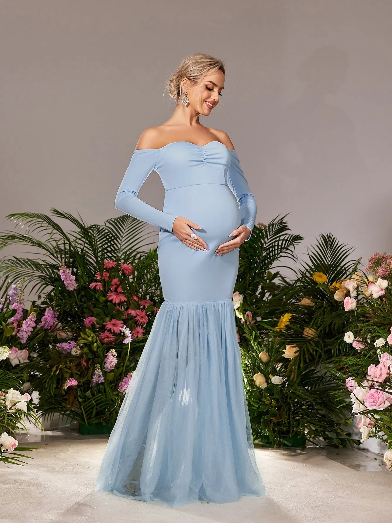 Maternity Off Shoulder Mesh Mermaid Hem Evening Dress