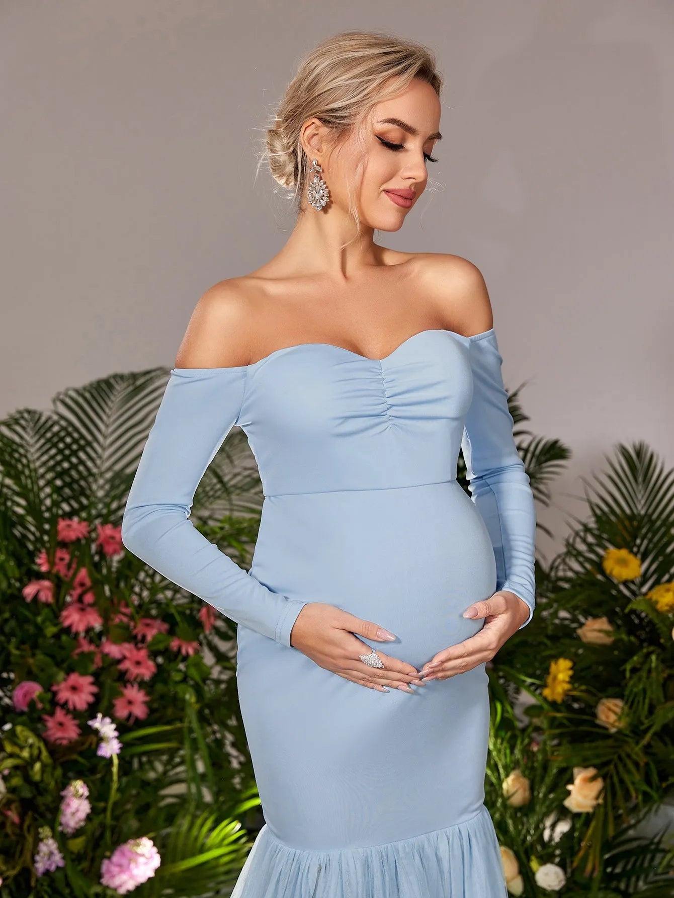 Maternity Off Shoulder Mesh Mermaid Hem Evening Dress