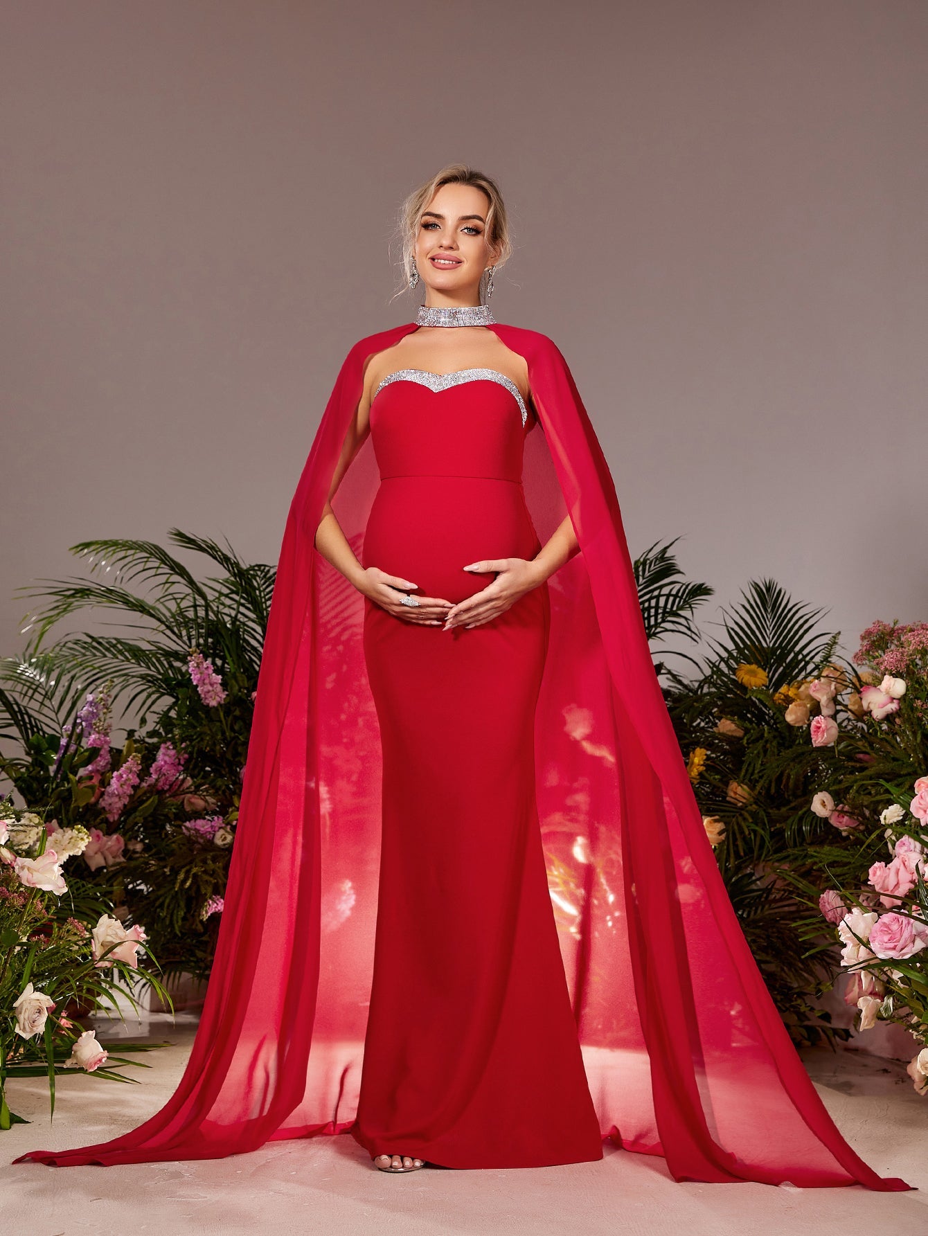 Maternity Mermaid Hem Evening Tube Dress With Chiffon Cape