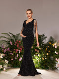 Maternity Sweetheart Neck Mermaid Hem Fringed Sequin Evening Dress