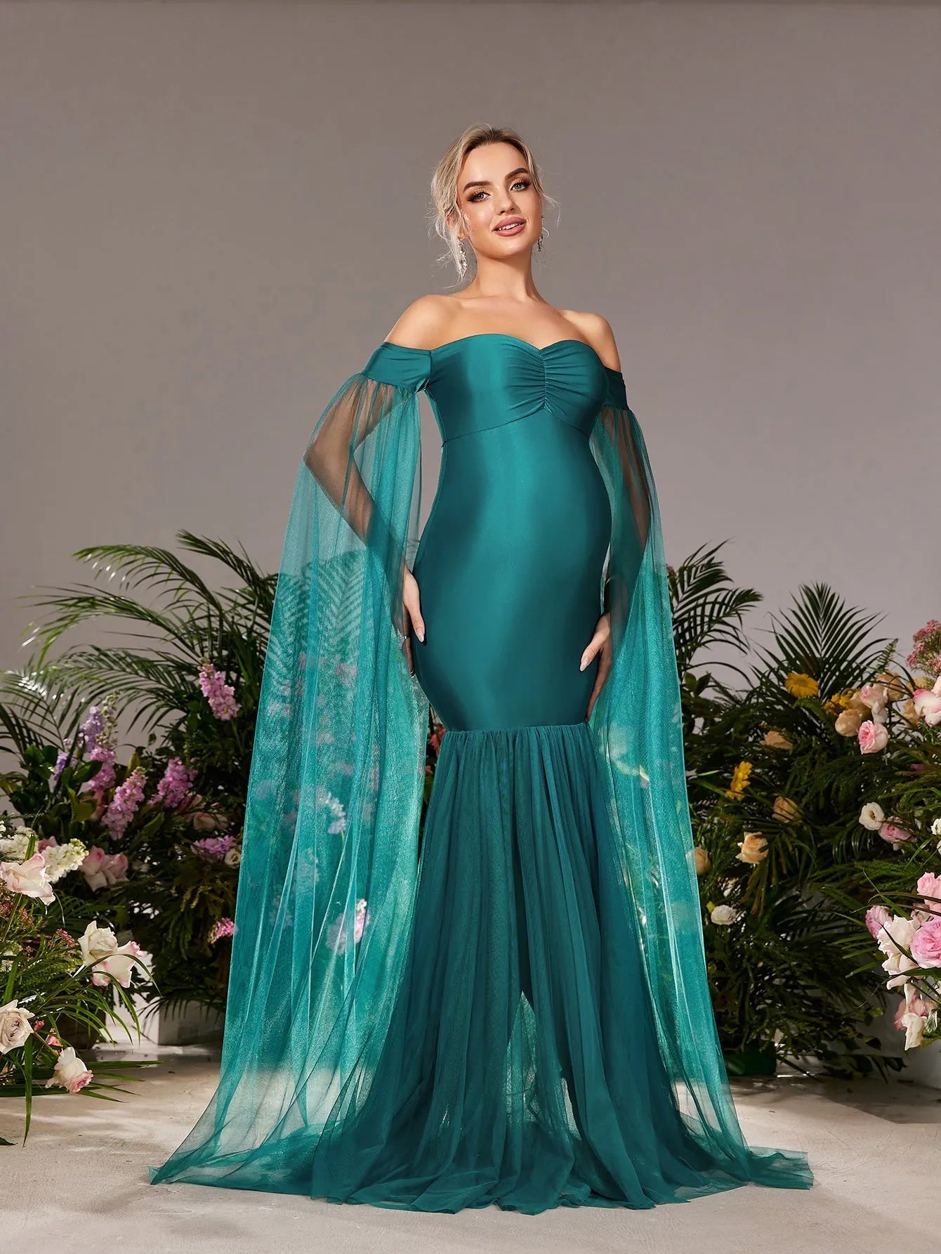 Maternity Off Shoulder Cloak Sleeves Mermaid Hem Evening Dress