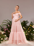 Maternity Cold Shoulder Ruffle Layered Hem Tulle Cami Prom Dress