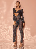 Chic Rhinestone Detail Plunging Neck Sheer Mesh Jumpsuit - Elonnashop