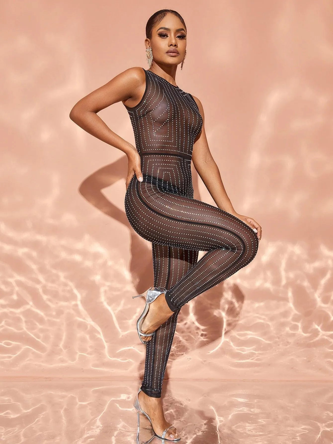 Chic Rhinestone Detail Sleeveless Sheer Mesh Jumpsuit - Elonnashop