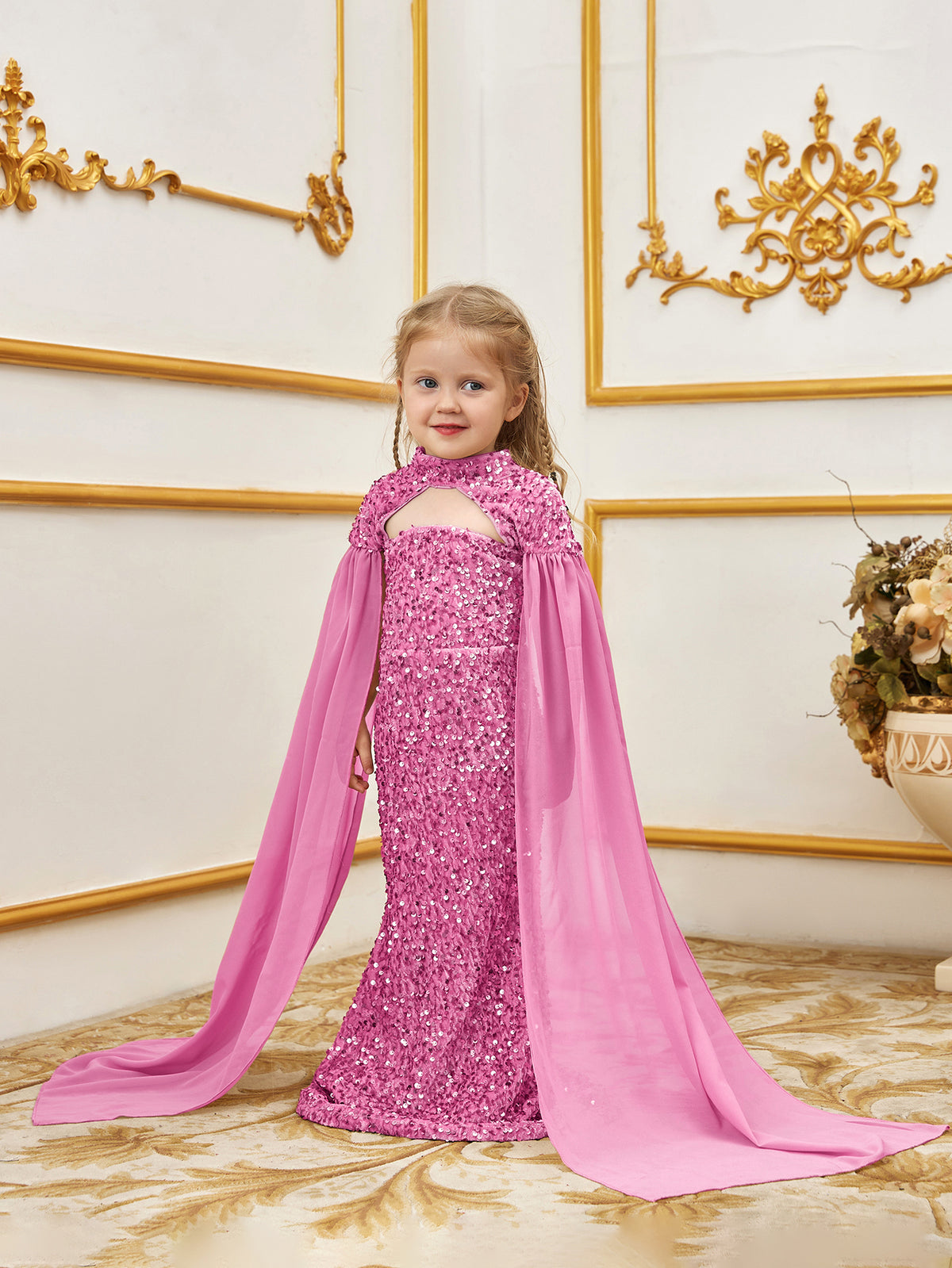 Young Girls' Mock Neck Cape Sleeves Sequin Party Dress