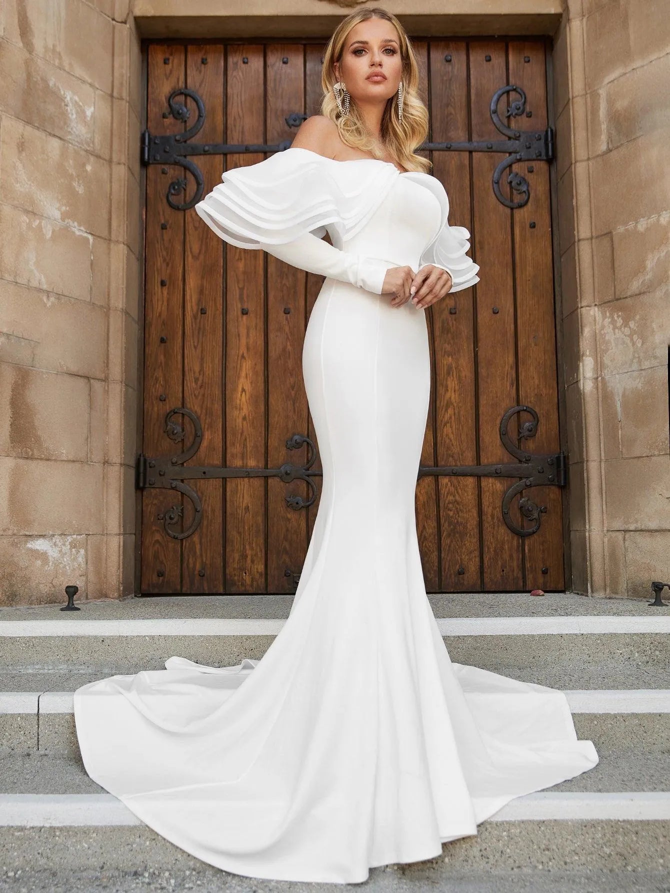 Off-Shoulder Wedding Dress With Dramatic Ruffle Detailing - Elonnashop