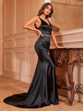 Rhinestone Detail Ruched Wrap Hem Satin Cami Formal Dress - Elonnashop