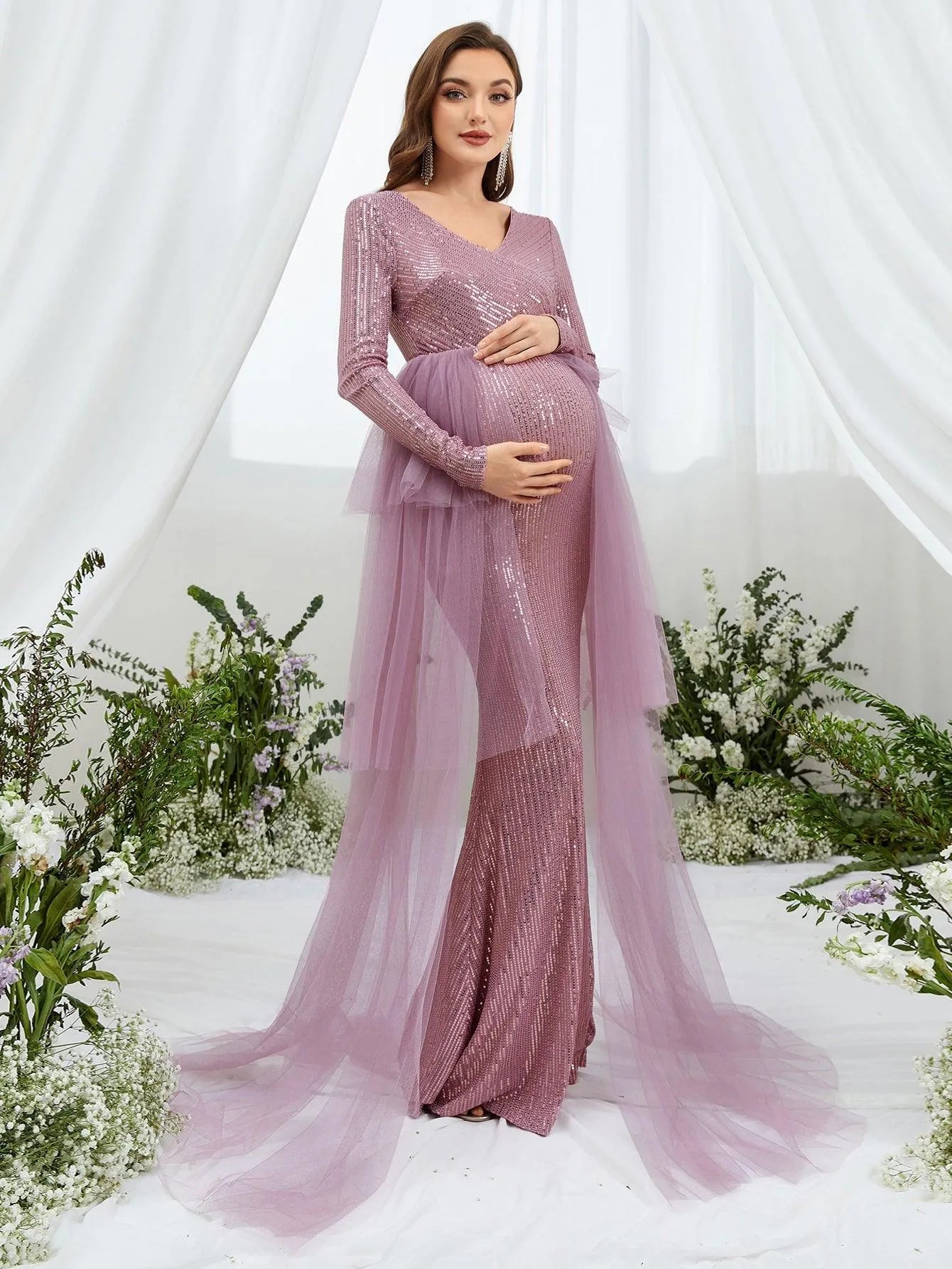 Maternity Surplice Nec Mesh Overlay Sequin Mermaid Dress - Elonnashop