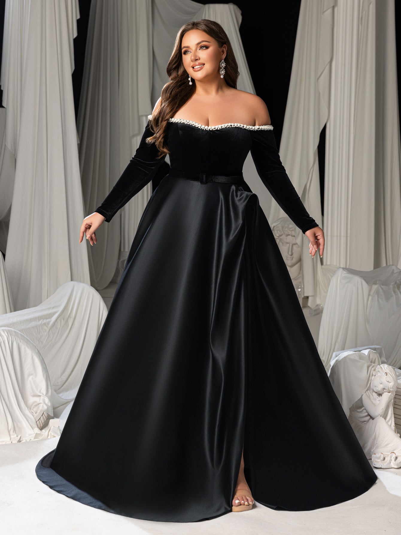 Plus Women's Pearl Accented Off-The-Shoulder Formal Gown | Long Sleeves | Defined Waist Belt | Full Flared Skirt