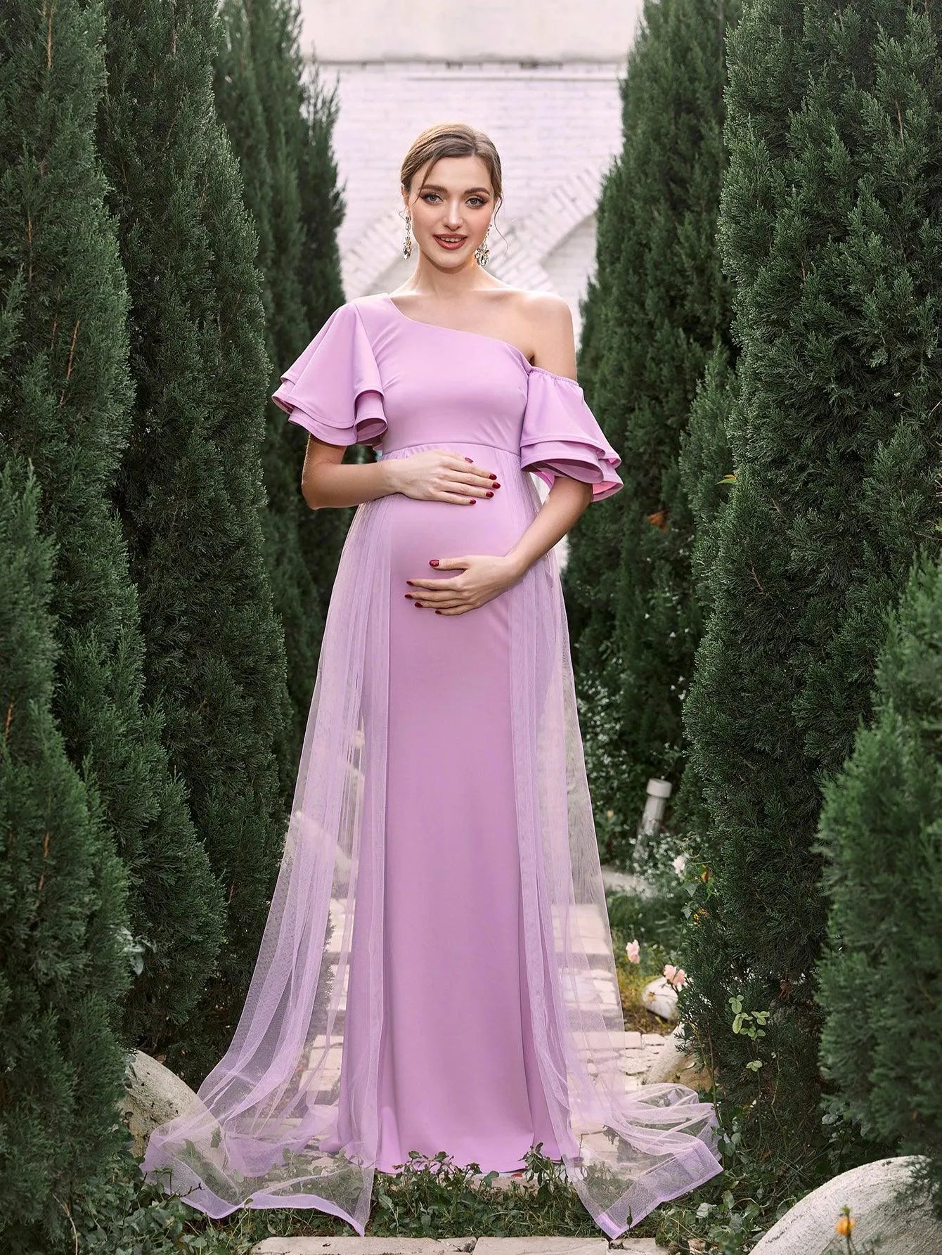 Maternity Asymmetrical Collar Ruffle Sleeves Mermaid Dress - Elonnashop