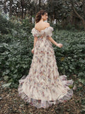 Elegant Ruffle Trim Puff Sleeves Floral Organza Prom Dress - Elonnashop