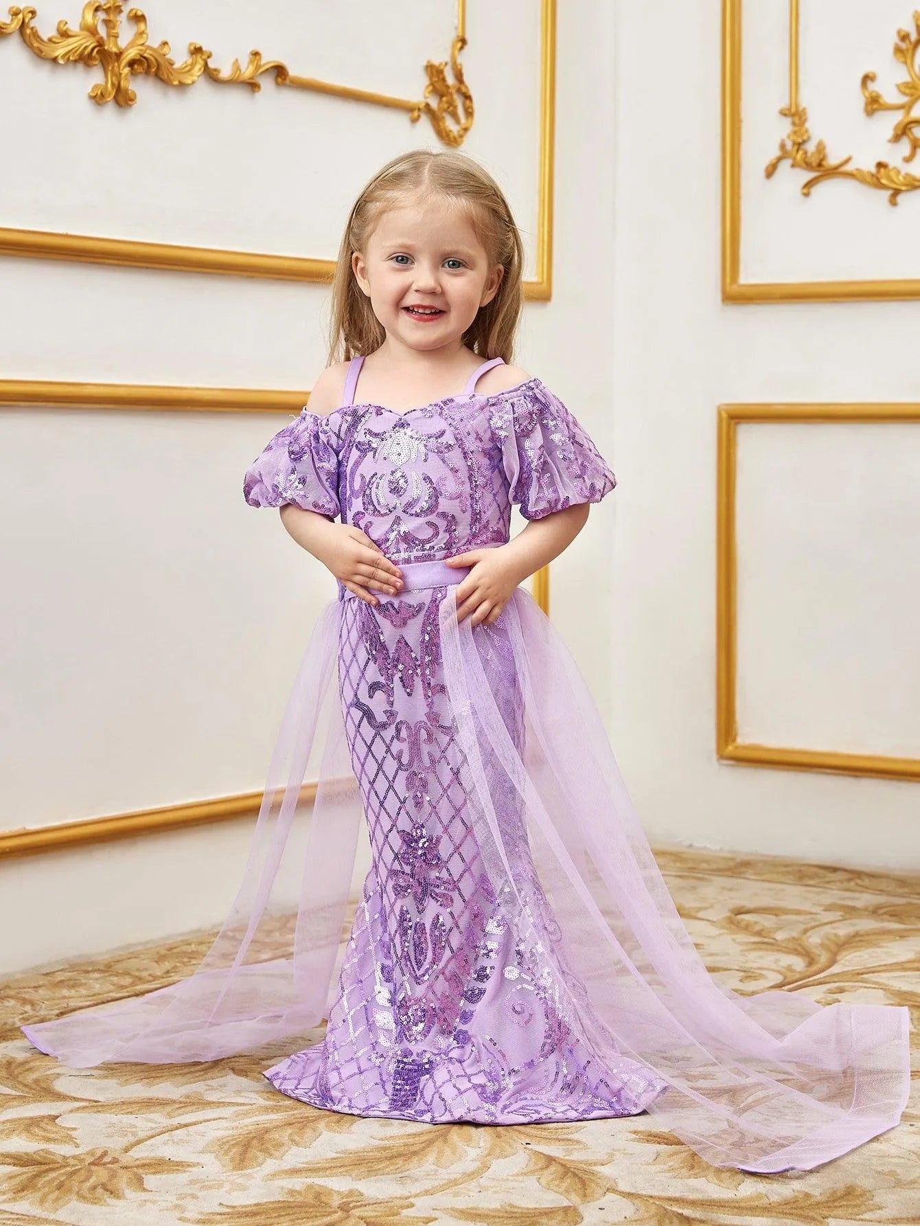 Young Girls' Sweetheart Collar Puff Sleeves Mesh Overlay Sequin Dress - Elonnashop