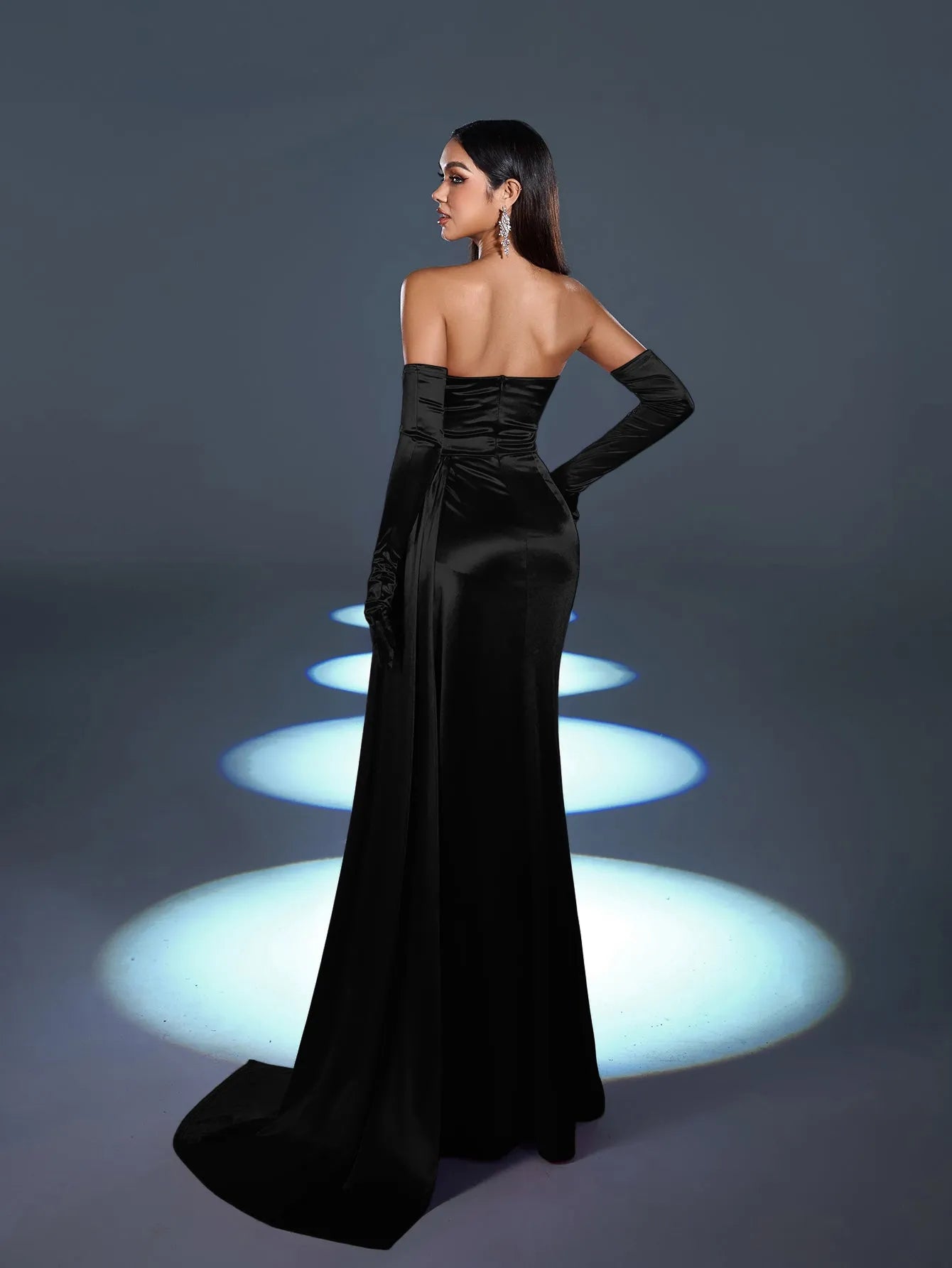 Elegant Rhinestone Detail Split Satin Formal Party Tube Dress （Gloves Included）