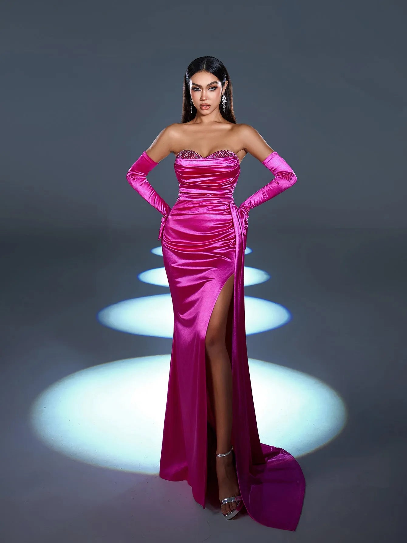 Elegant Rhinestone Detail Split Satin Formal Party Tube Dress （Gloves Included）