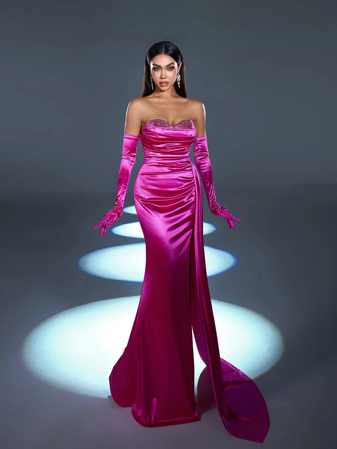 Elegant Rhinestone Detail Split Satin Formal Party Tube Dress （Gloves Included）