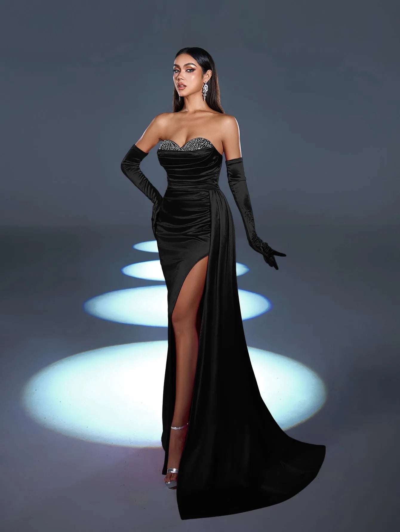 Elegant Rhinestone Detail Split Satin Formal Party Tube Dress （Gloves Included）