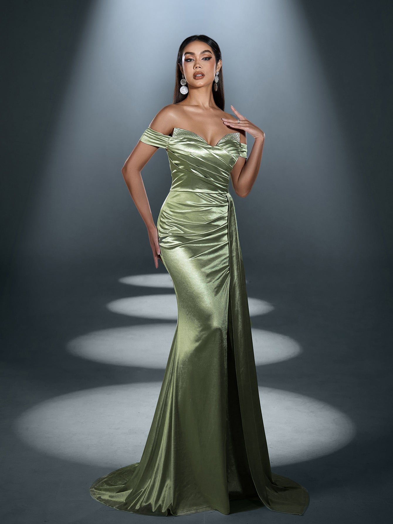Elegant Satin Off-Shoulder Mermaid Gown | Sculpted Ruching & High Thigh Slit