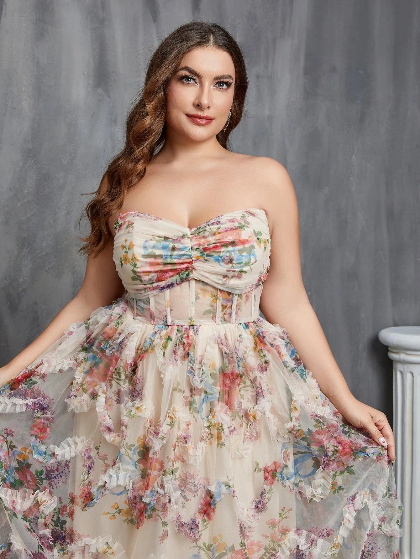 Plus Ruched Bustier Ruffle Trim Hem Floral Printed Tube Dress - Elonnashop