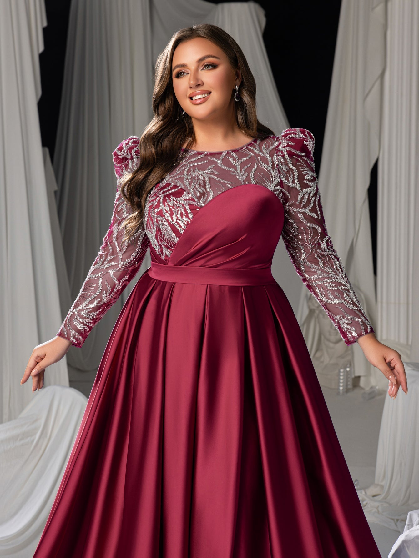 Plus Women's Sequin Bodice Formal Gown | Long Sleeves | Full Flared Skirt
