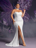 Plus Beaded Chain Detail Split Thigh Mermaid Hem Sequin Wedding Dress (Choker included)