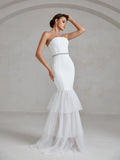 Rhinestone Detail Layered Mesh Hem Tube Wedding Dress - Elonnashop