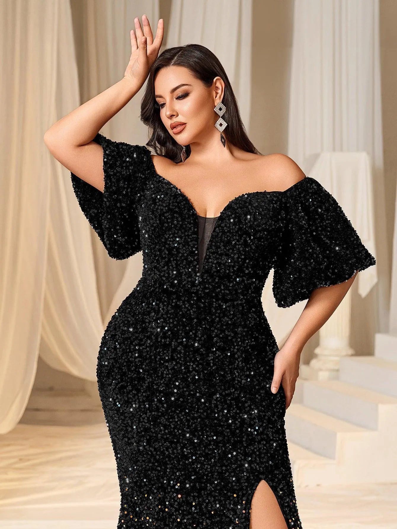 Plus Off Shoulder Puff Sleeves Ombre Sequin Mermaid Dress - Elonnashop