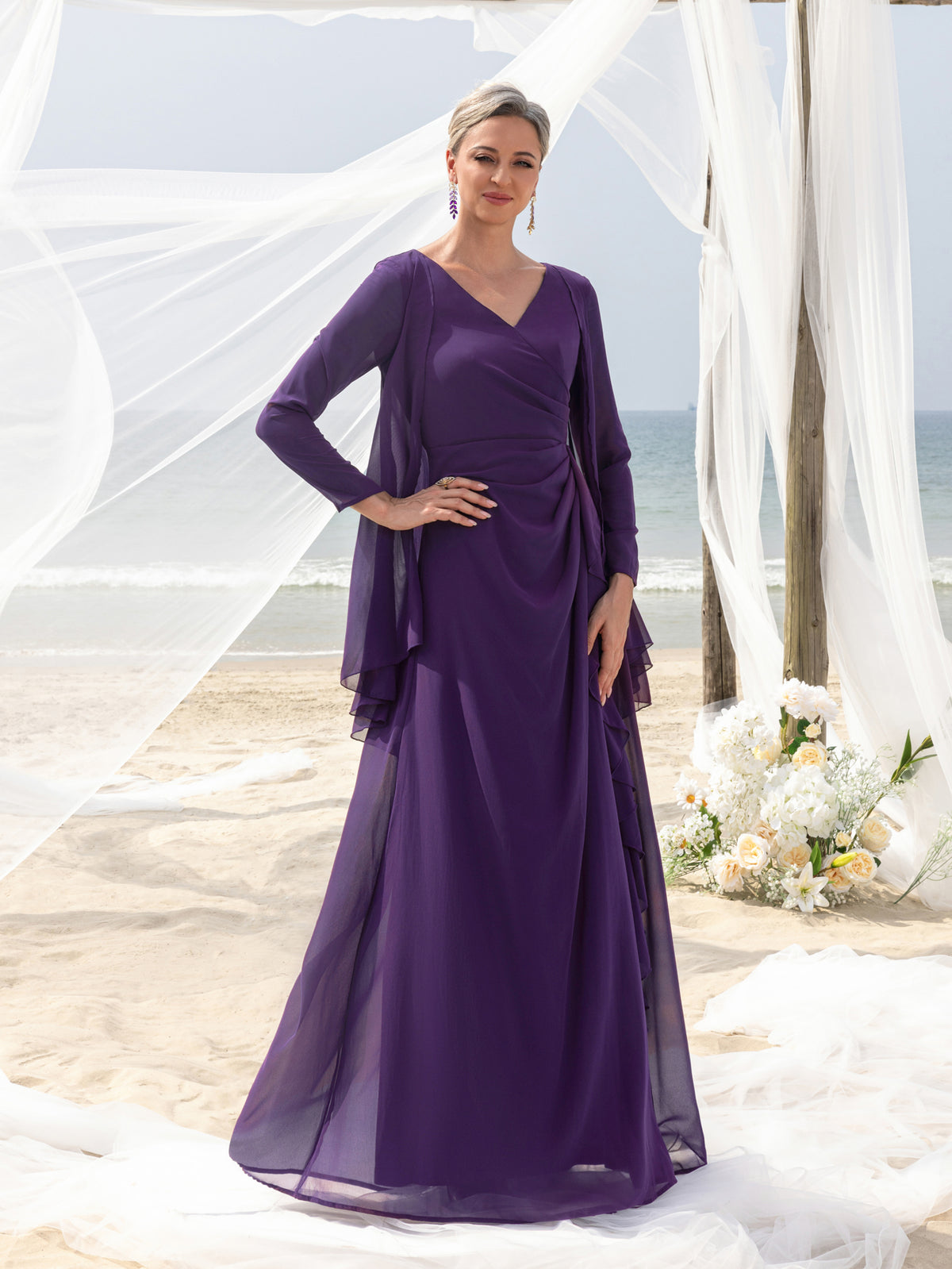 Womens' Fake Two-Piece Evening Gown: V-Neck Long Sleeve Formal Dress for Mother of the Bride