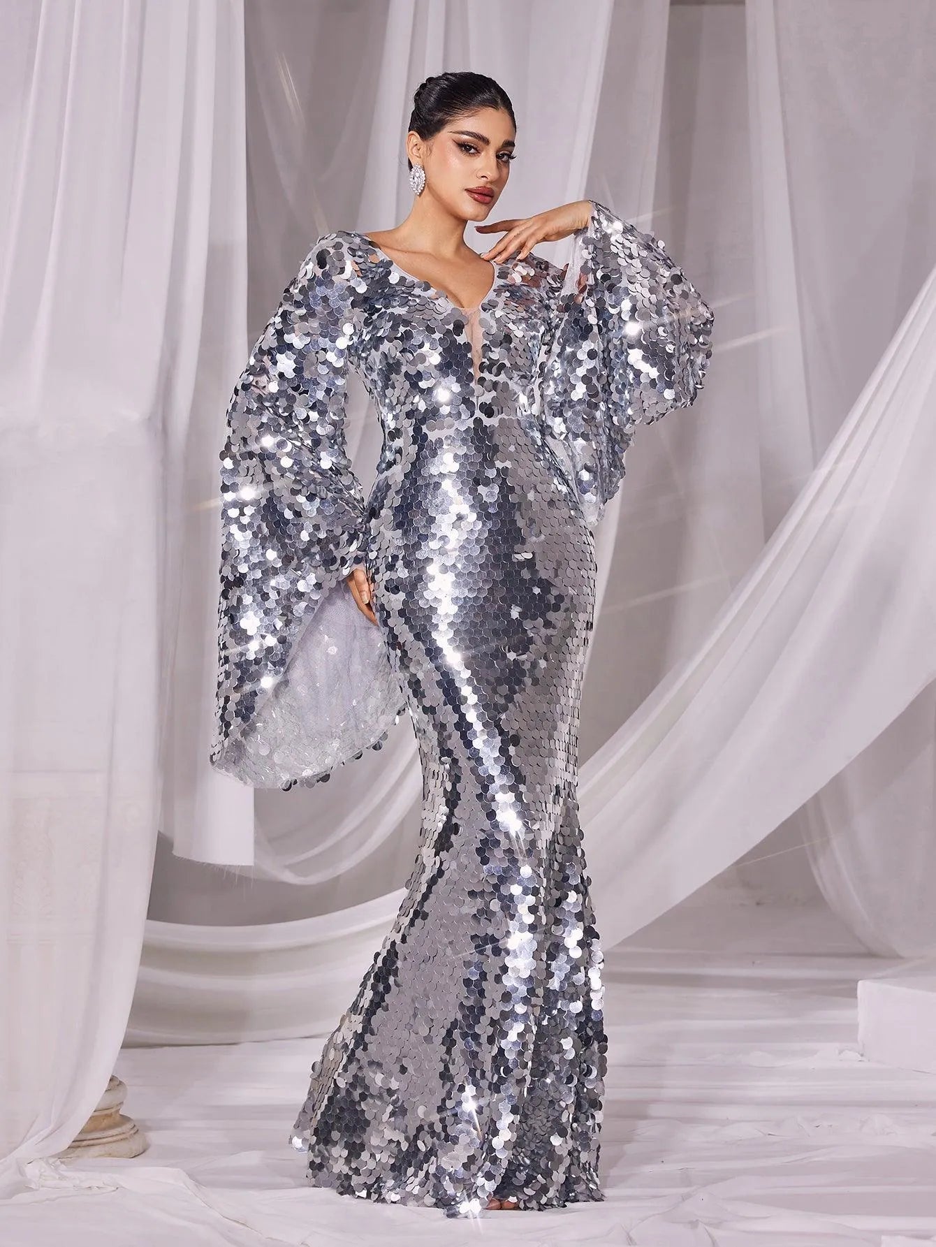 Plunging Neck Flared Sleeves Sequin Mermaid Dress - Elonnashop