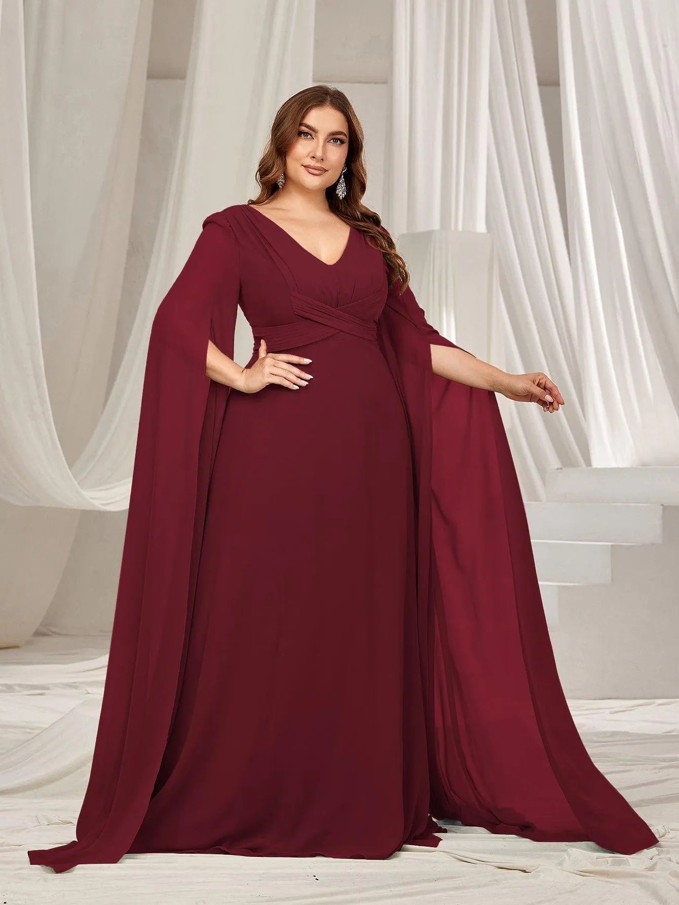 Plus Solid Ruched Front Extra-Long Sleeves Chiffon Prom Dress - Elonnashop