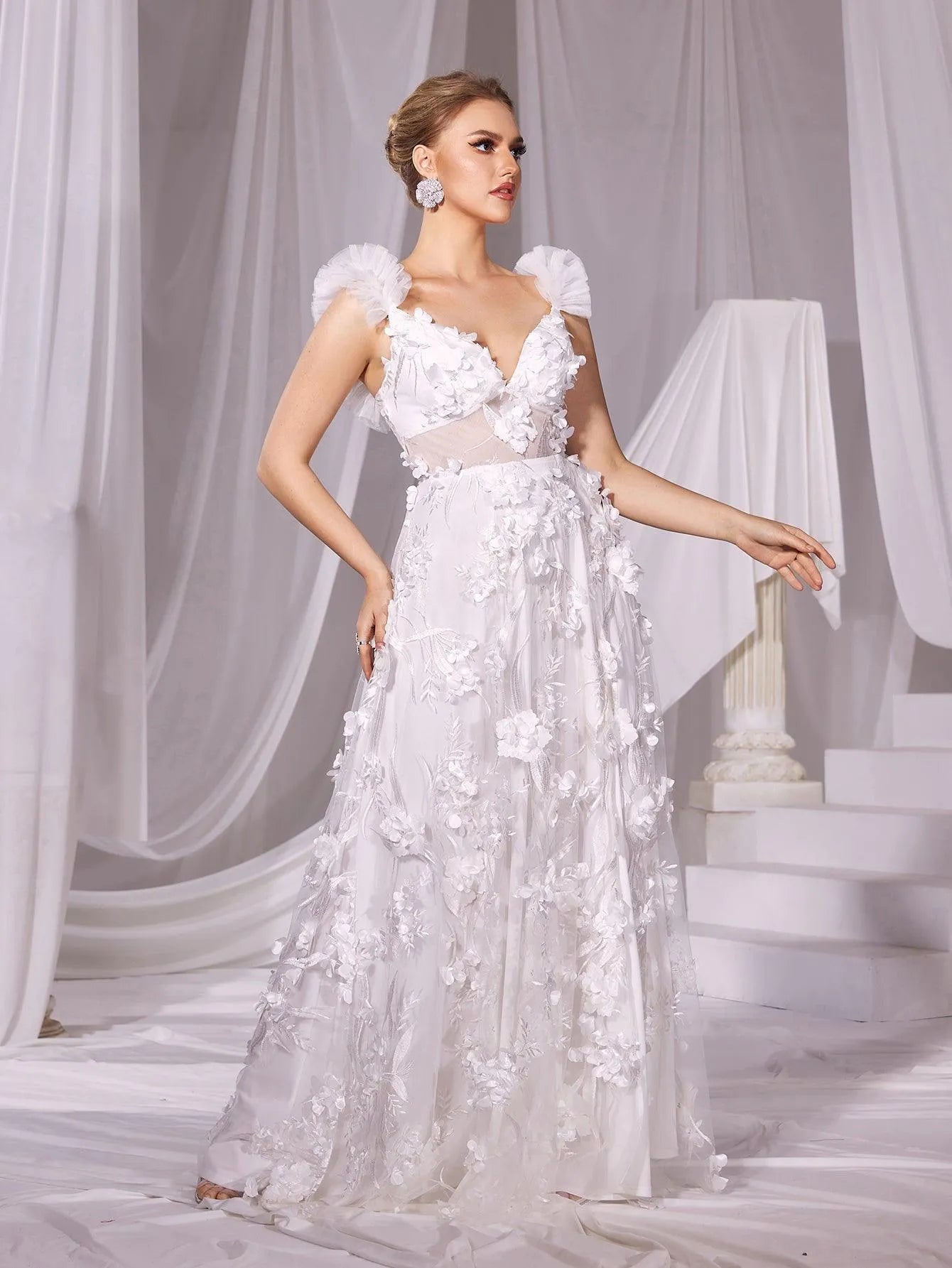 Floral Applique Plunging Neck Split Mesh Wedding Dress - Elonnashop