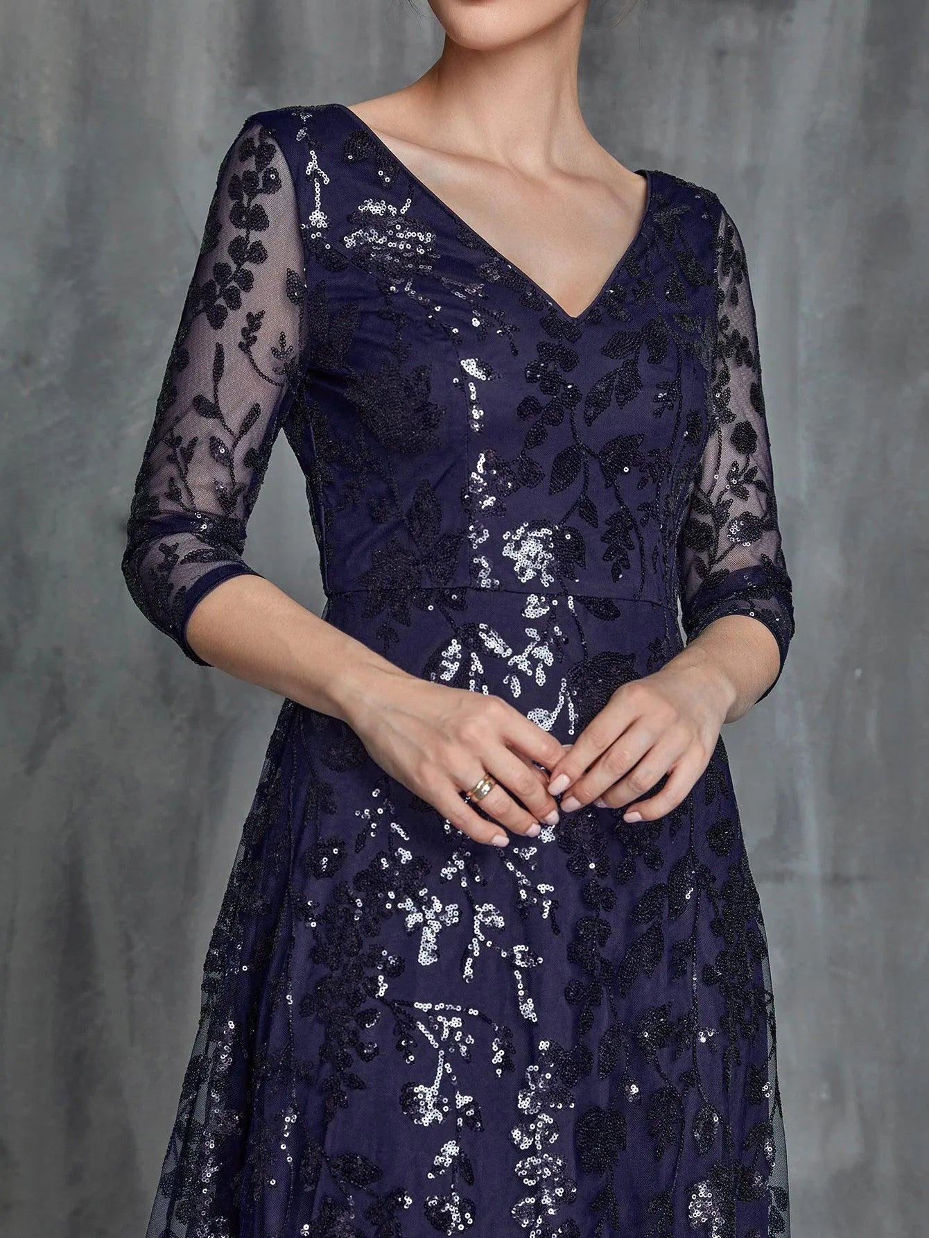 Womens' 3/4 Sleeves Floral Sequin Pattern Formal Dress - Elonnashop