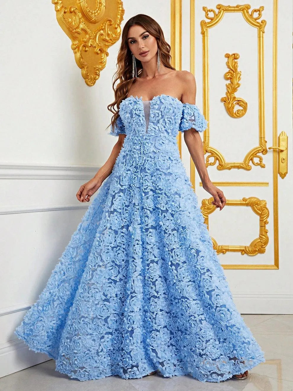 Off Shoulder 3D Flower A-Line Prom Dress - Elonnashop