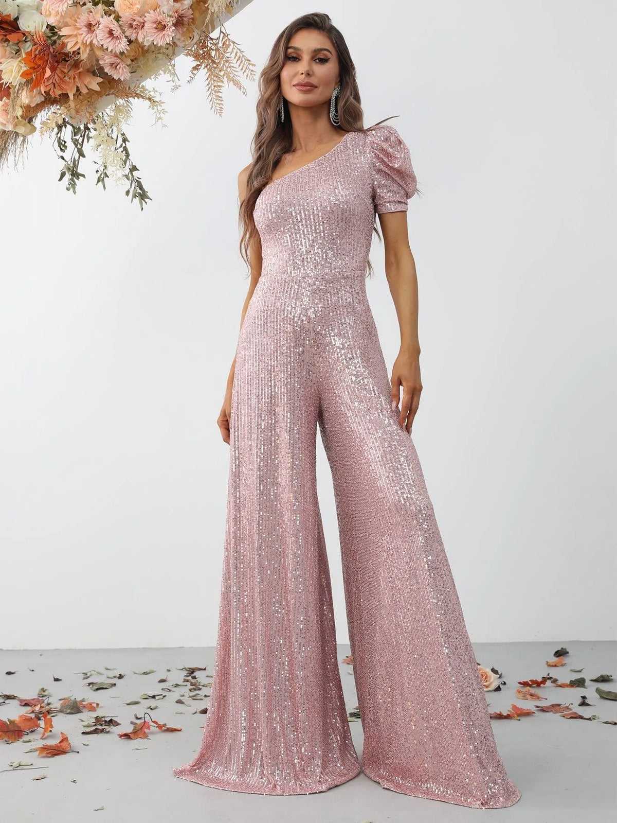 Elegant One Shoulder Short Sleeve Sequin Jumpsuit - Elonnashop